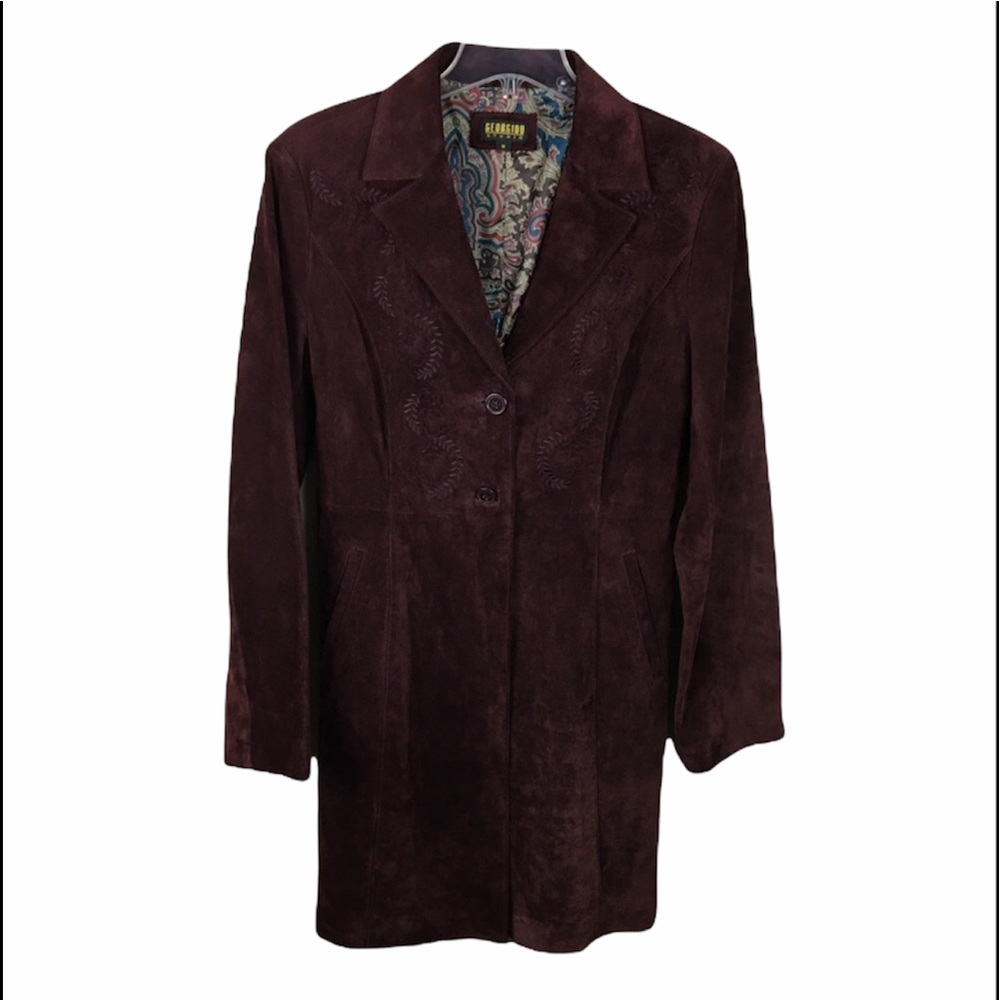 Georgiou StudioSuede floral embroidered midi coat